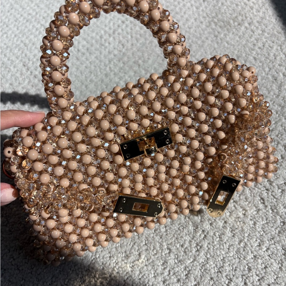 Beaded Top-Handle Women’s Bag in Nude